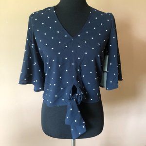1 State Bell Sleeved Front Tie Navy Blue & White Polka Dot Crop